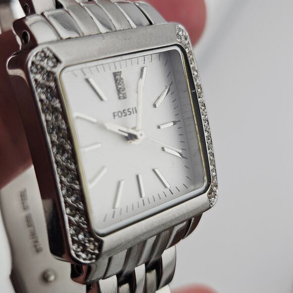 Fossil Silver Tone Crystal Bezel Chunky Watch Square Dial Bling Wide Band ES2615 - Picture 3 of 7